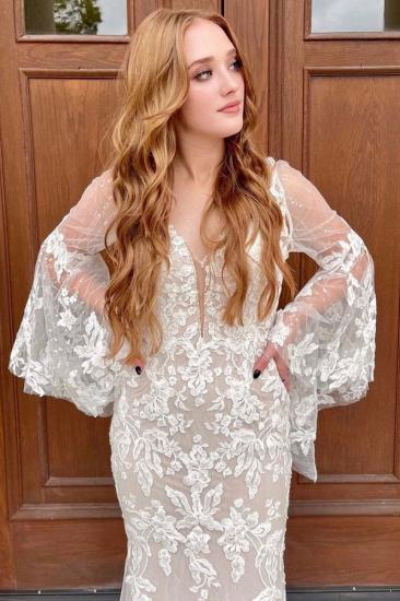Gorgeous White Ruffle Sleeve Tulle Lace Appliquéd Mermaid Wedding Dress_2