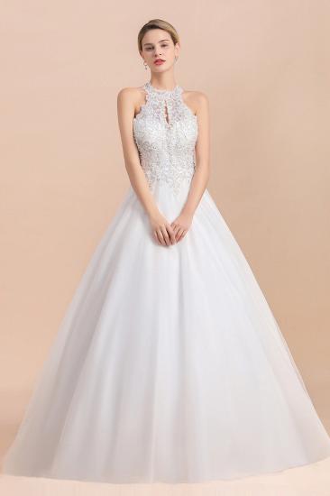 Elegant White Beaded Halter Ball Gown Lace Wedding Dress_6