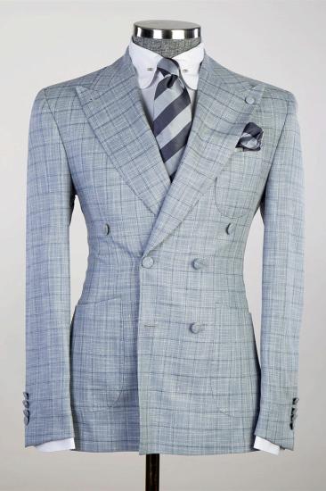 Quennel Light Steel Blue Peaked Lapel Double Breasted Plaid Prom Suits_1