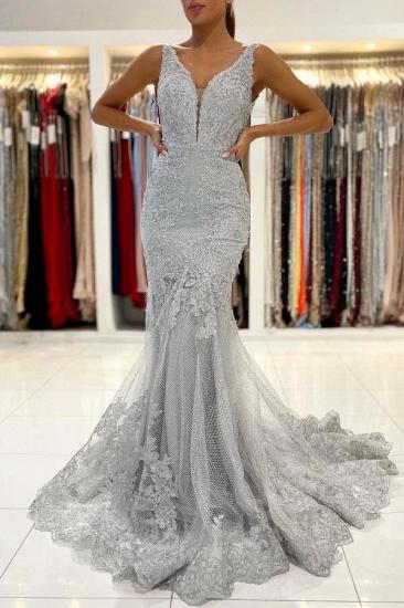 Glamorous Grey Sleeveless Mermaid Ball Gown V Neck Tulle Lace Evening Dress_1