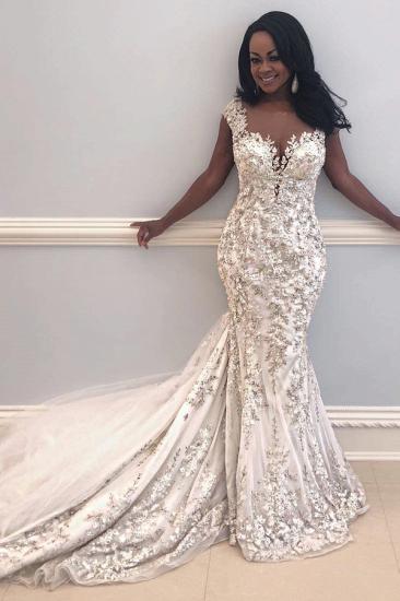 Chaeming Cap Sleeve Mermaid Wedding Gowns | Lace Appliques Slim Bridal Gowns
