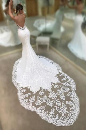 Mermaid Spaghetti Sleeveless Appliqued Lace Court Train Wedding Dresses_2