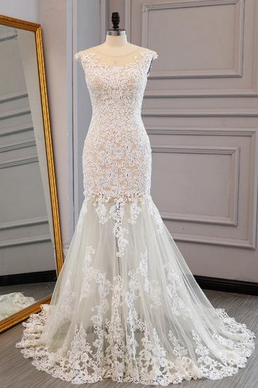 Bradyonlinewholesale Elegant Ivory Tulle Long Mermaid Wedding Dress Lace Appliques Sleeveless Bridal Gowns On Sale_1