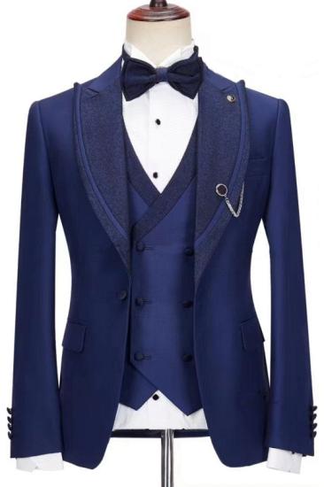Jesse Fashion Dark Blue Peakd Lapel Three Pieces Prom Suits_1