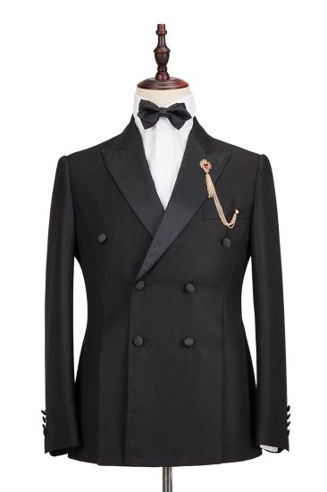 Classic Satin Peak Lapel Double Breasted Black Mens Wedding Suit Groom Tuxedos