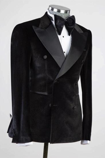 Tab Black Peaked Lapel Double Breasted Velvet Prom Suits_2