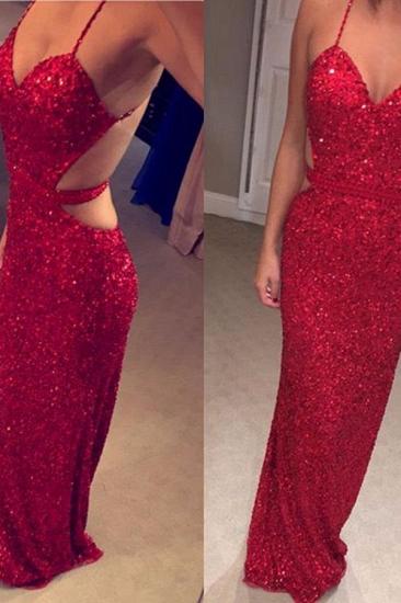 Spaghetti Straps Sequined Open Back Evening Dresses Sexy Red Sheath Prom Dress_2