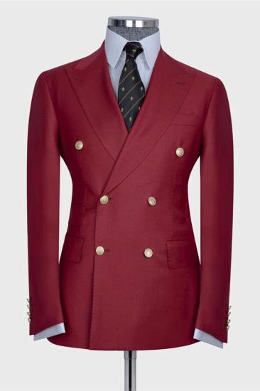 Red Double Breasted Point Collar Tailored Men's Prom Suit_1