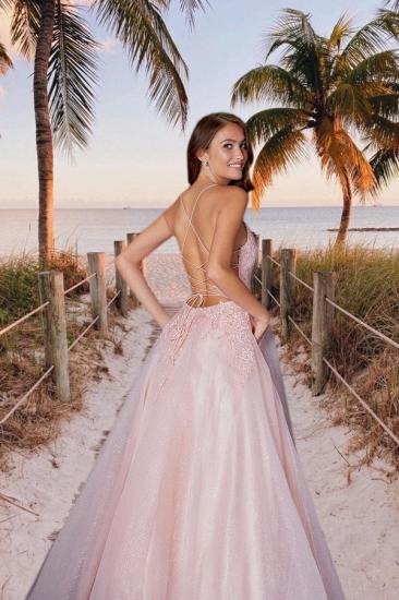Elegant Spaghetti Strap Pink Aline Evening Dress Lace Appliquéd Open Back Long Evening Dress_3