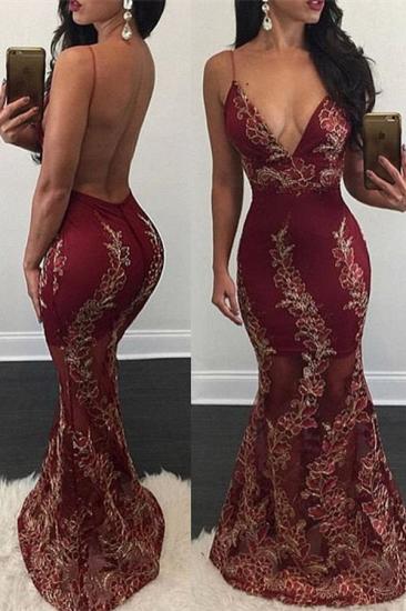 Mermaid Appliques Evening Gown Sweep Train Sexy V-Neck Backless Prom Dress_1