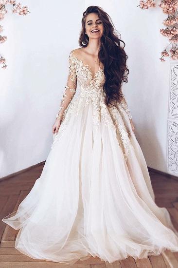 Glamorous V-Neck Long Sleeve Tulle Lace Appliques Princess Wedding Bridal Dress_2