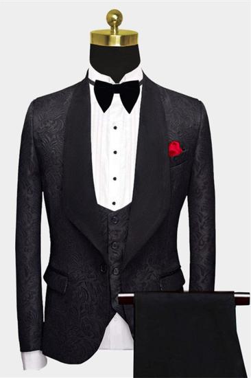 Business Black Mens Suit | Formal Three Piece Jacquard Wedding Dress