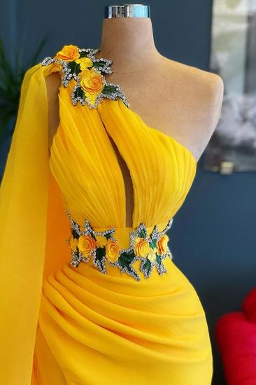 One Shoulder YellowRuffle Floral Appliques Beads Mermaid Evening Gown with Cape_2