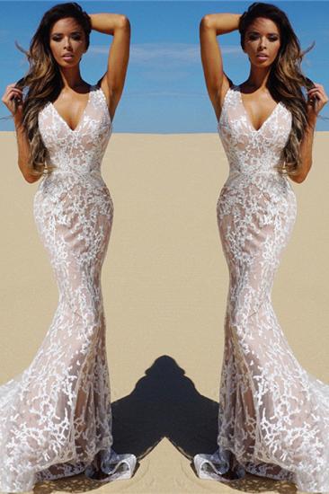 V-neck Sleeveless Mermaid Lace Prom Dresses Cheap | Sexy Evening Dress with Nude Lining_2