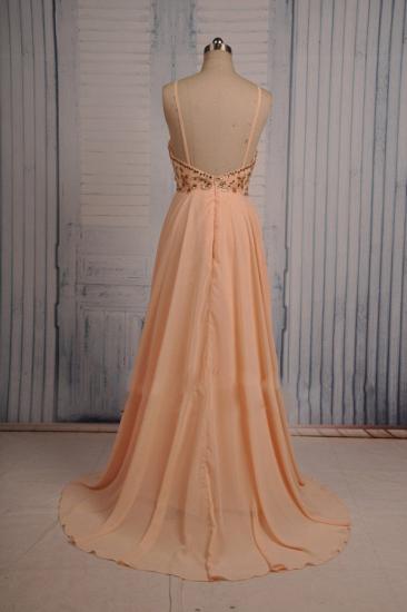 Coral Chiffon Spaghetti Straps Prom Dresses with Sparkly Crystals Long Evening Dresses_2