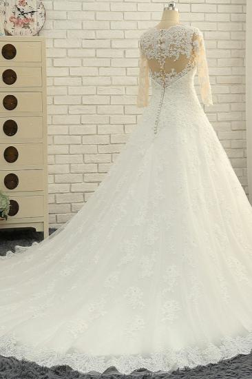 Bradyonlinewholesale Elegant A-Line Jewel White Tulle Lace Wedding Dress 3/4 Sleeves Appliques Bridal Gowns with Pearls_4