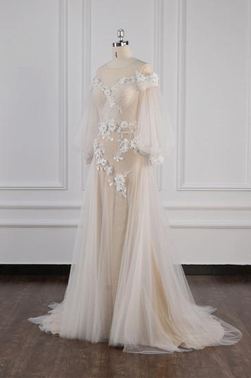 Bradyonlinewholesale Chic Jewel Pink Tulle Flowers Wedding Dress Beadings Appliques Long Sleeves Bridal Gowns On Sale_1