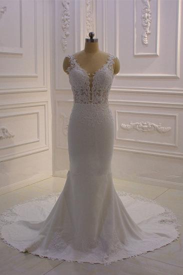 Elegant Sleeveless Lace V-neck Column White Court Train Wedding Dress_6