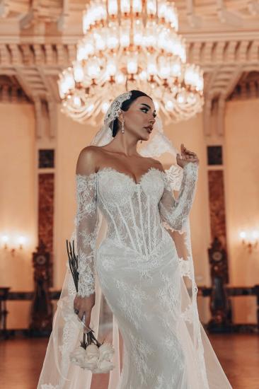 Off-the-Shoulder Appliques Lace Mermaid Wedding Dresses Long Sleeve_7