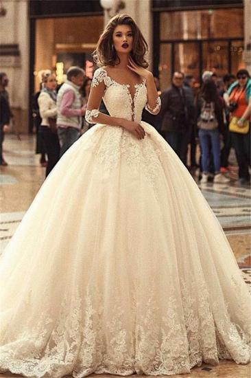 Ball Gown Court Train Appliques Tulle Wedding Dresses with Sleeves_1