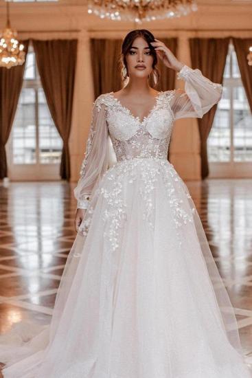 Modern A line lace with sleeves Wedding dresses_1
