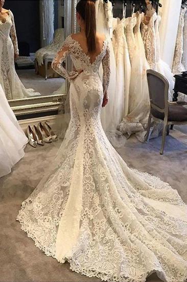 Long Sleeves Lace Mermaid Court Train V-neck Wedding Dresses