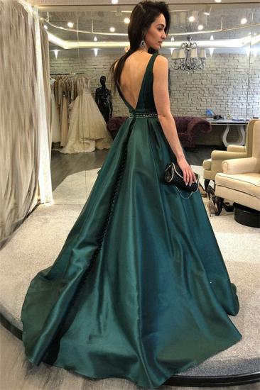 Dark Green A-Line Sleeveless Evening Dresses Online | Open Back Crystal Cheap Evening Gown_2