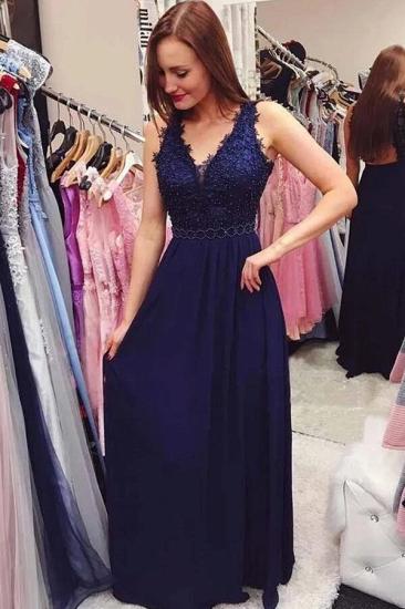 Royal Blue Lace Chiffon Long Evening Prom Dress with V-Neck_1
