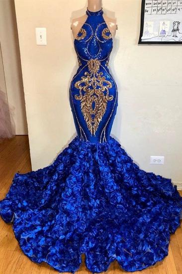 2022 Halter Gold Appliques Royal Blue Mermaid Floral Prom Dress | Sleeveless Luxury Prom Dress on Mannequins_1