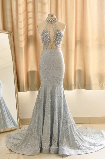 Halter Sleeveless Beaded Mermaid Satin Floor Length Crystal Prom Party Dress_3
