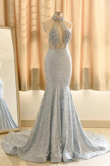 Halter Sleeveless Beaded Mermaid Satin Floor Length Crystal Prom Party Dress_4