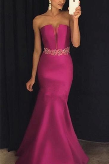 Mermaid Fuchsia Strapless Evening Dress Sexy Beads Crystals Belt Prom Dress Cheap