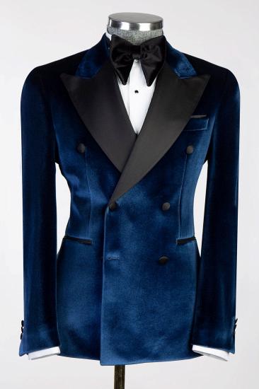 Pai-li Navy Blue Velvet Black Satin Peaked Lapel Wedding Suits_1