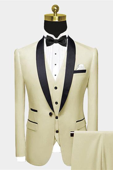 Modern Champagne Prom Suit | Black Satin Shawl Lapel Suits for Groomsmen_1