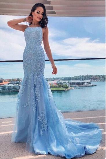 Spaghetti Straps Sky Blue Lace Tull Mermaid Party Gown Prom Wear Dress