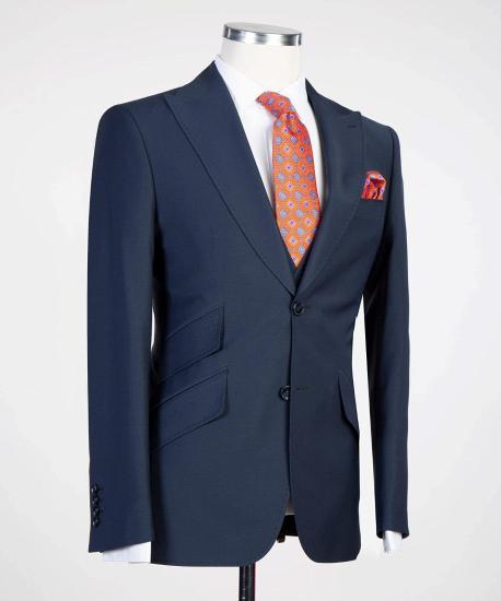 New Arrival Dark Blue Peaked Lapel 3-Pieces Busibess Men Suits_3