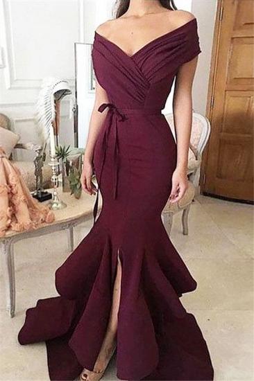 Burgundy Off-the-Shoulder Mermaid Prom Dresses Ruffles Front-Split Evening Dresses_1