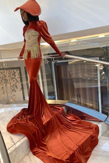 Velvet Long Sleeve Prom Dress Gold Appliques