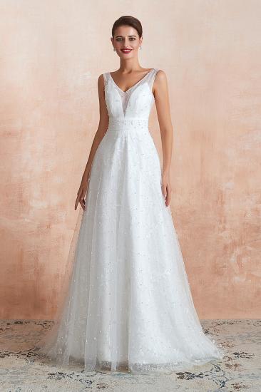 Carnelian | White V-neck Beach Wedding Dress with Pearls on Tulle, Elegant Sleeveless Long length Summer Bridal Gowns_3