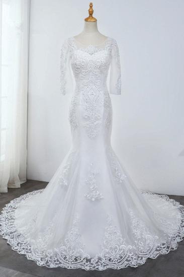 Bradyonlinewholesale Elegant Jewel 3/4 Sleeves Mermaid White Wedding Dress Tulle Lace Appliques Beadings Bridal Gowns On Sale