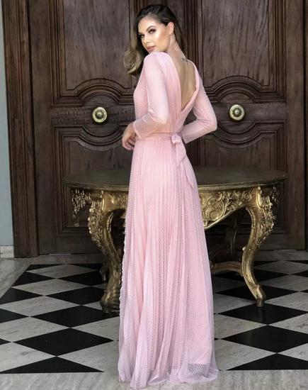 Simple Pink long sleeves vneck column Prom dress_3