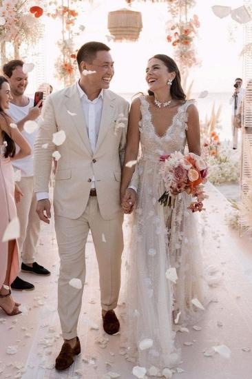 V-neck Appliques Lace A-Line Wedding Dresses with Split_5