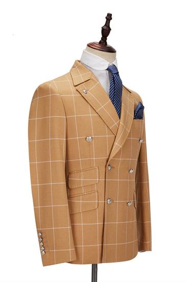 Peak Lapel Flap Pockets Double Breasted Plaid Orange Mens Business Suit for Formal_2