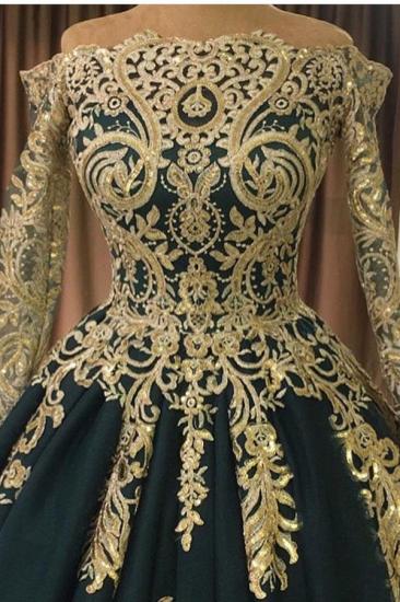Luxury Off Shoulder Long Sleeves Gold Appliques Evening Gown_2