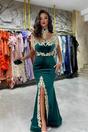 Sexy Halter Velvet Dark Green Mermaid Prom Dress with Gold Appliques with Tassels_1