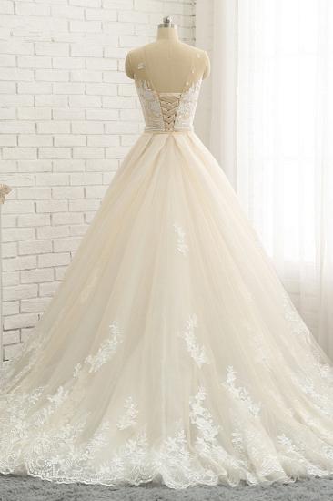 Bradyonlinewholesale Glamorous Jewel Tulle Champagne Wedding Dress Appliques Sleeveless Overskirt Bridal Gowns with Beading Sash Online_2