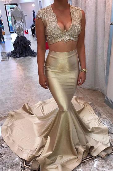 Two-Piece Champagne Gold Evening Dress Appliques Lace Sleeveless Mermaid Sexy V-neck Prom Dress_1
