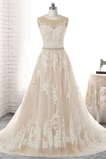Bradyonlinewholesale Glamorous Creamy Tulle Round Neck Long Wedding Dress White Lace Applique Bridal Gowns On Sale