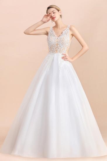 Elegant V-Neck Floral Lace A-line Wedding Dress Beach Sleeveless Tulle Church Dress_7