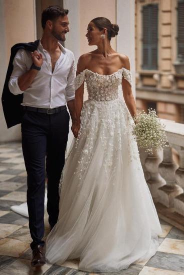 Chic Off-the-Shoulder 3D Floral Tulle Wedding Dress Aline Backless Bridal Dress_1